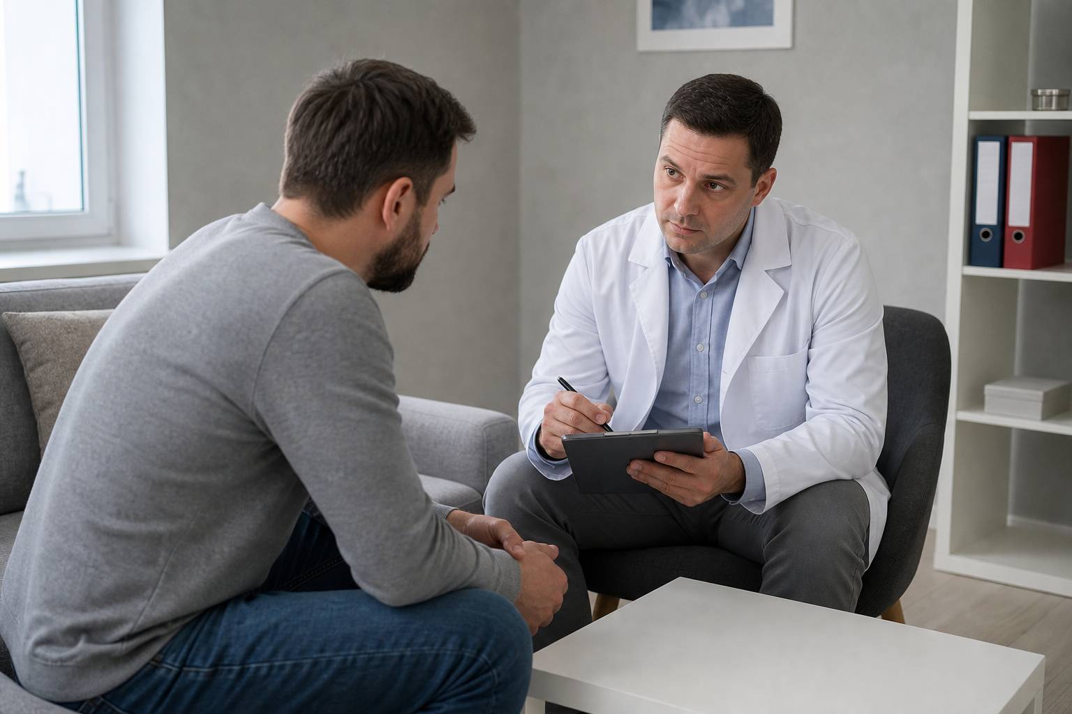 Специалист консультирует пациента на консультации нарколога